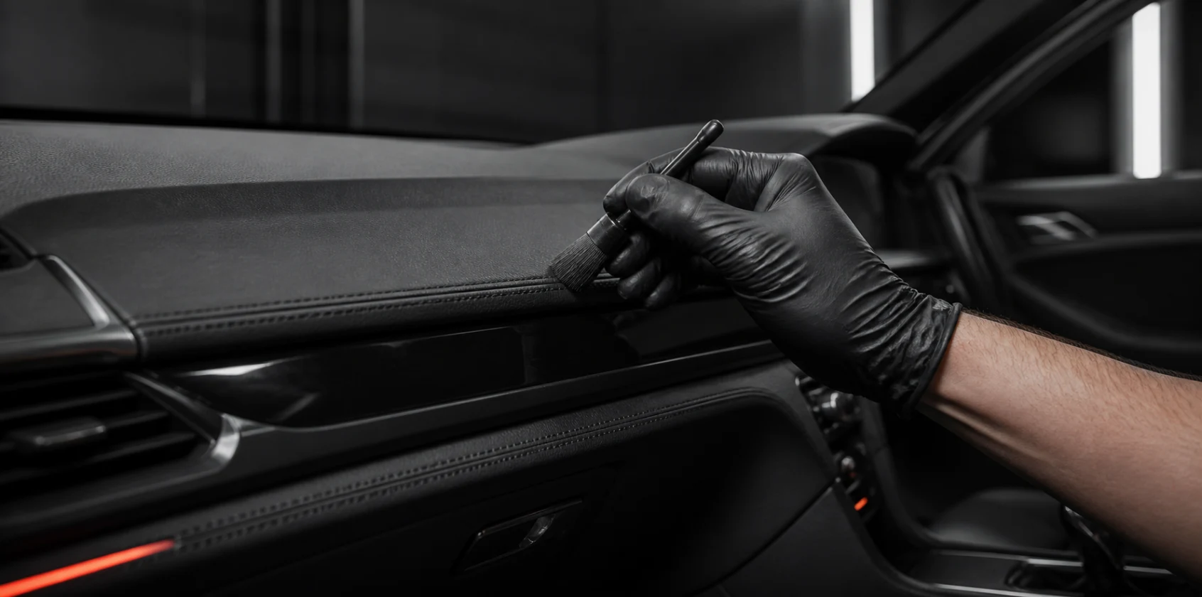 Professionelle Innenraumreinigung mit einem Detailpinsel in einem schwarzen Fahrzeug