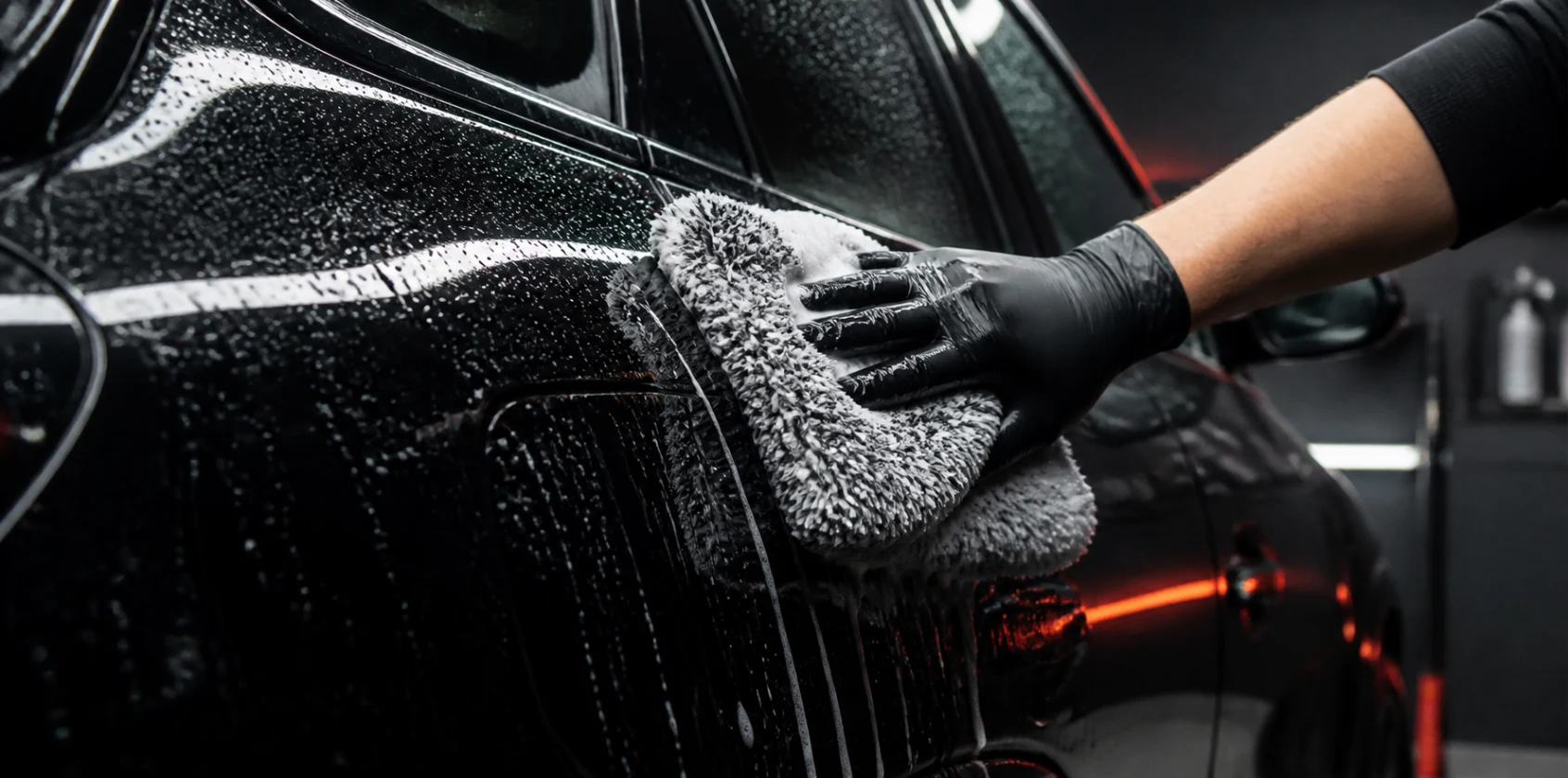 Schonende Handwäsche eines schwarzen Fahrzeugs mit einem weichen Waschhandschuh