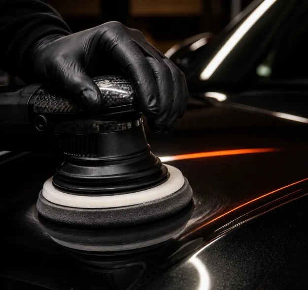 Maschinelle Lackpolitur auf einem schwarzen Fahrzeug