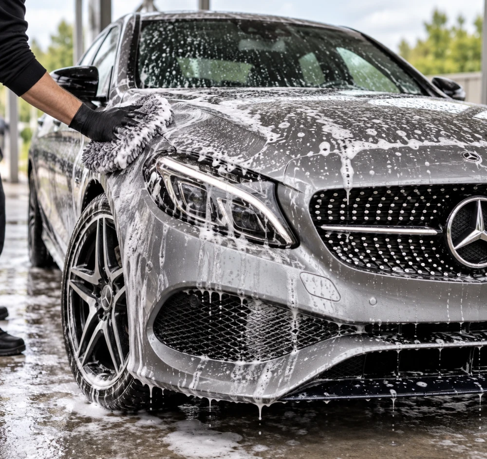 Mercedes bei einer schonenden Handwäsche mit Waschhandschuh, Aktivschaum und Felgenpflege